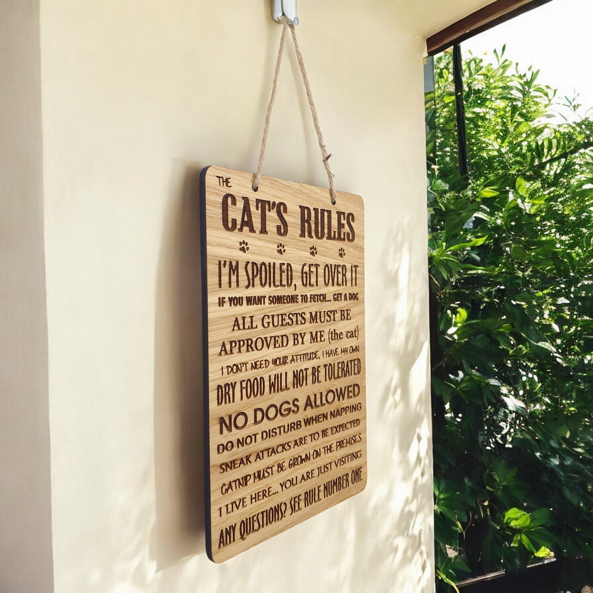 Cat Rules Wooden Hanging Sign